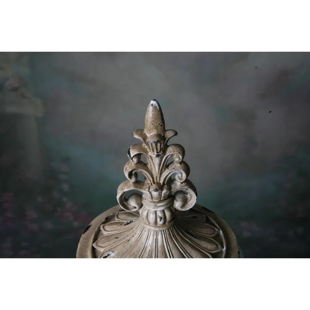 Decorative Crackle Glass Jar With Fleur-de-lis Lid Metal Work Aged - Picture 2 of 9